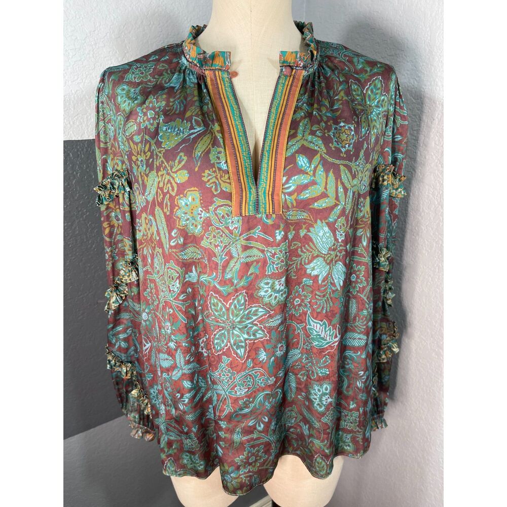 Current Air For Anthropologie Floral Ruffle Sleeve Blouse Small Boho V-Neck Top